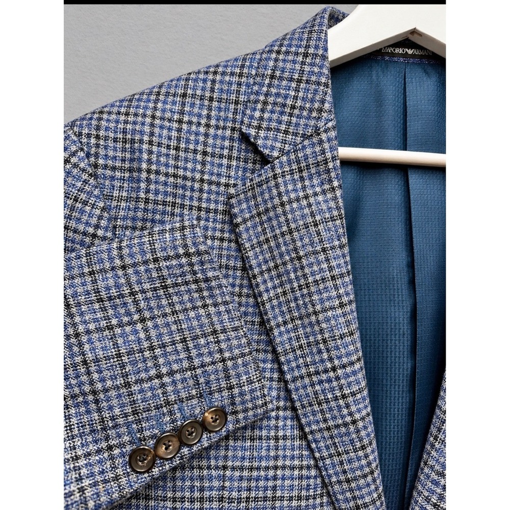 New Emporio Armani C Line Blazer 48 US 38 Blue Plaid Virgin Wool Sport Coat